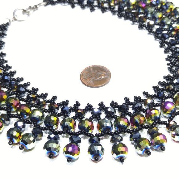 Handmade Czech Fire Polished Beaded Collar Necklace Black Seed Beads 16" - Picture 8 of 10